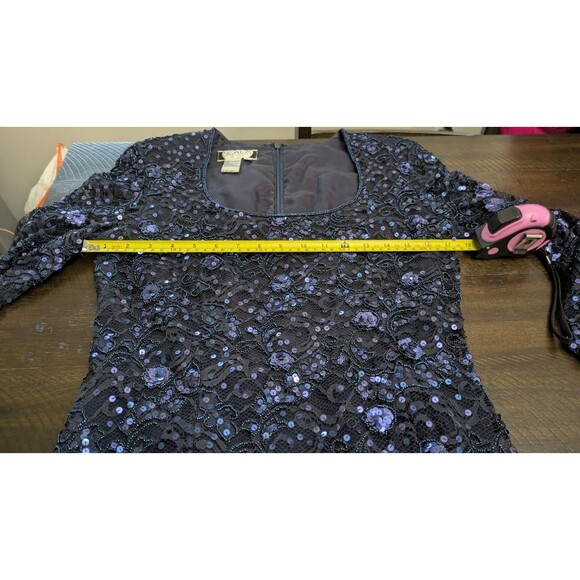 Scala Womens Gown Size 10 Formal Navy Blue Beaded Sequin Event Wedding Lace Mesh - Picture 13 of 14